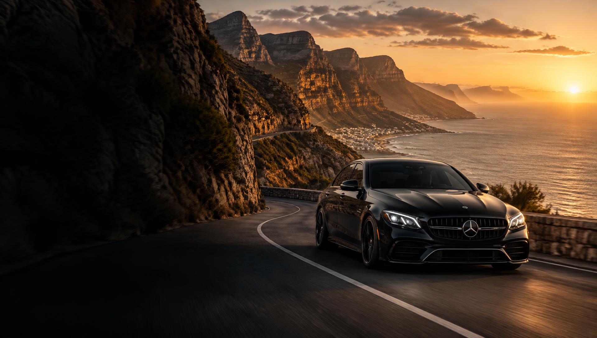 Black luxury sedan on a coastal mountain pass at sunset, Cape Town